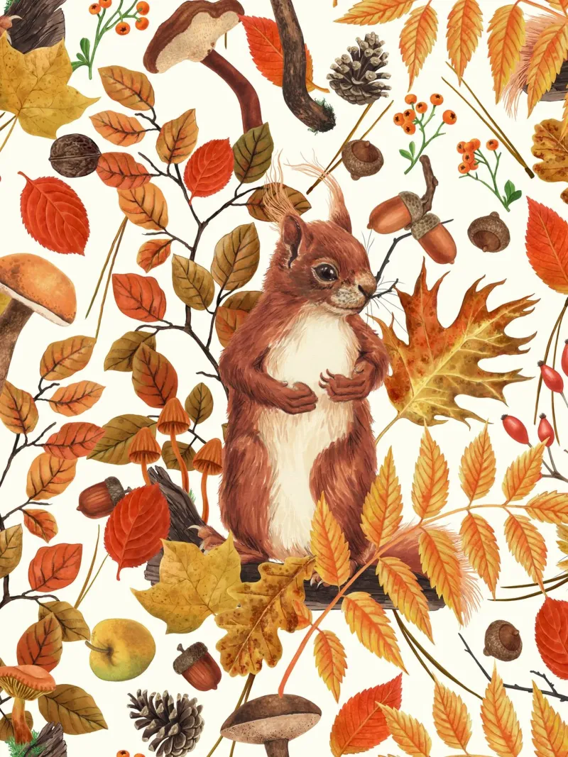 Écureuils d'automne et flore automnale sur fond blanc cassé hahnemühle de Painted Nature