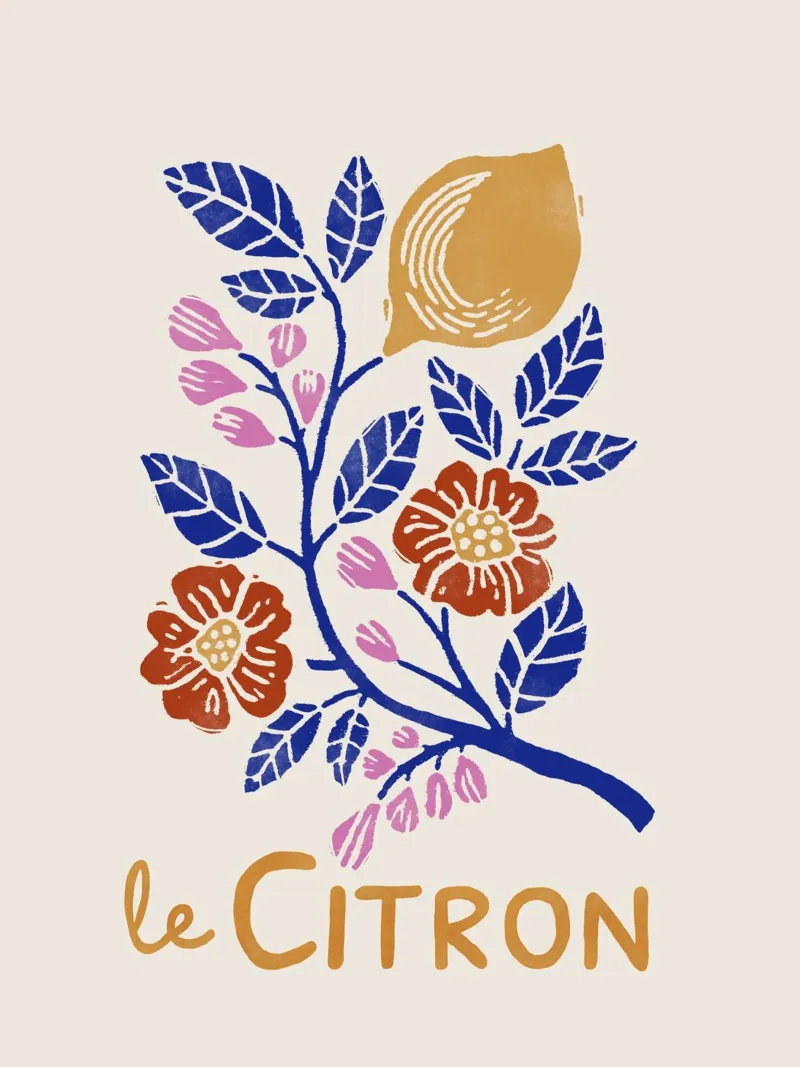 Le Citron - Botanischer Zitronen-Kunstdruck im Linolschnitt-Stil Hahnemühle von showmemars