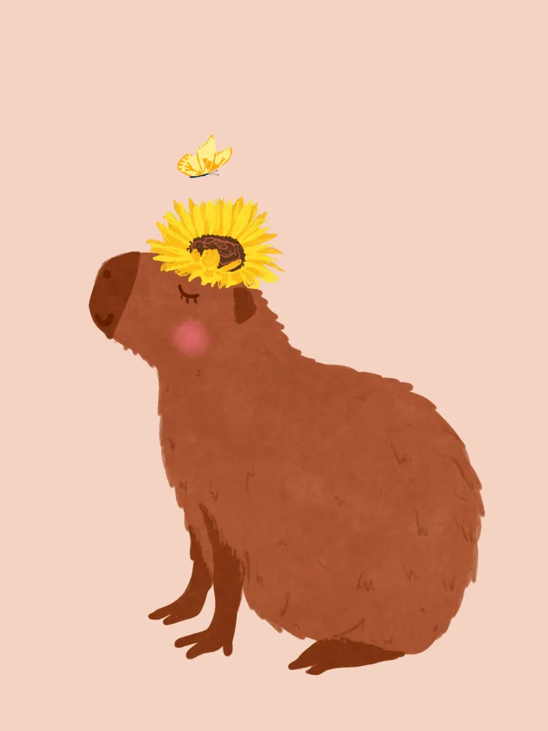 Capybara avec tournesol alu dibond de Illustration Raissa Oltmanns