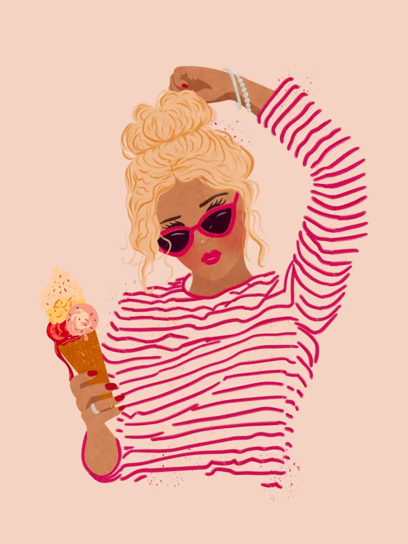 Ragazza a righe con gelato poster con telaio in alluminio da Illustration Raissa Oltmanns