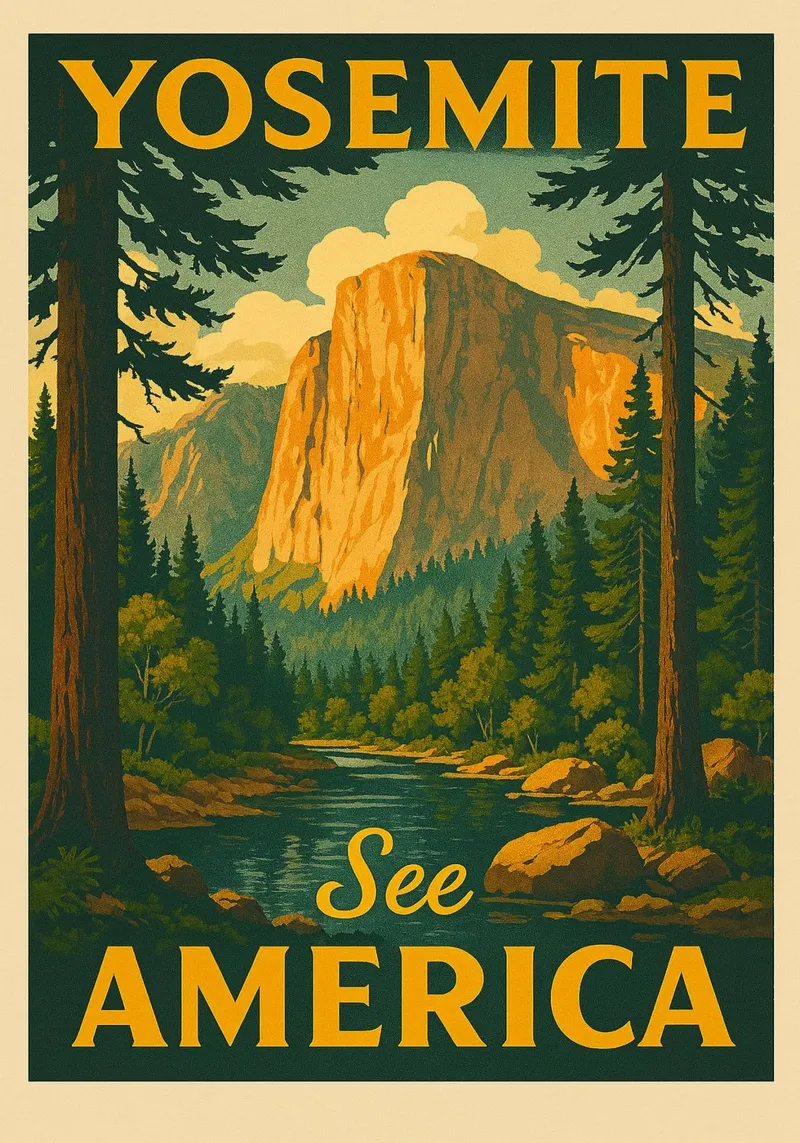 Reisen nach Yosemite Poster mit Holzrahmen von Mercury Club