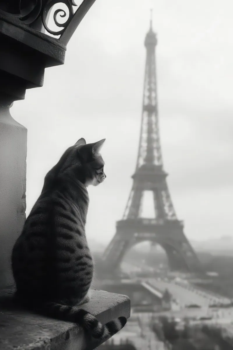 Gatto con Torre Eiffel Parigi | Foto vintage in bianco e nero pellicola backlit da Autofocus