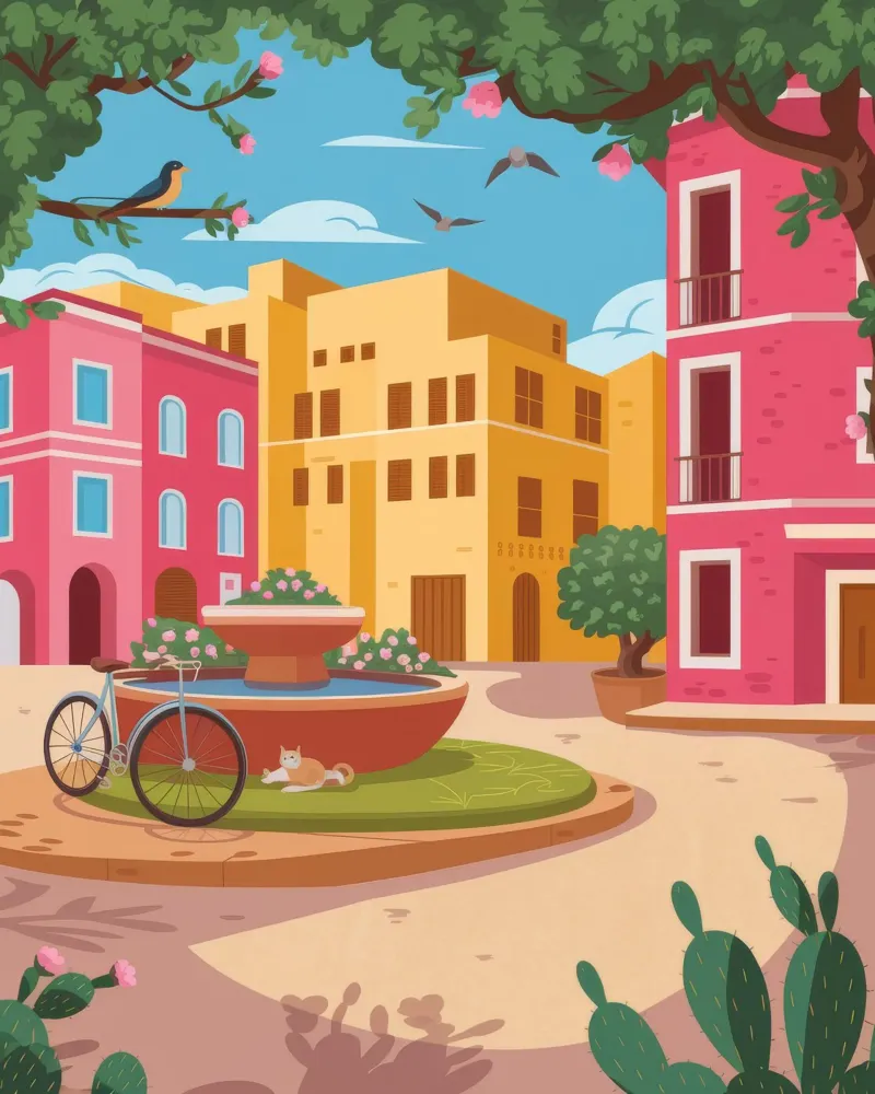 La vivace piazza della città poster con telaio in legno da Veiled Canvas