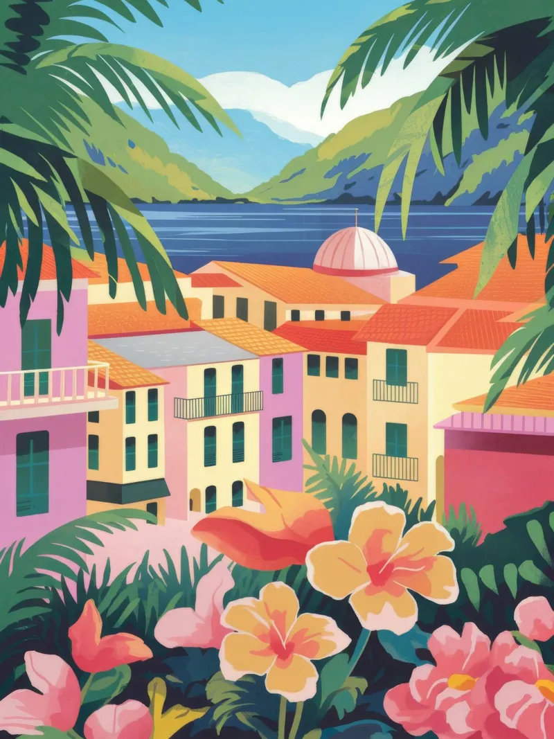 Vista Paradiso Costiero poster con telaio in legno da Veiled Canvas