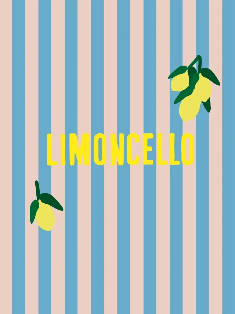 LIMONCELLO Strisce gialle su sfondo blu con limoni poster con telaio in legno da Alisa Knöß