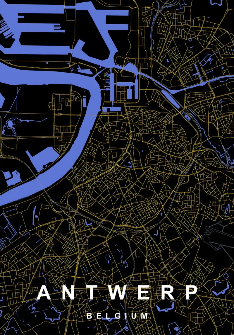 Anversa Belgio - Mappa della città in nero e oro alluminio dibond da Cartographers Library