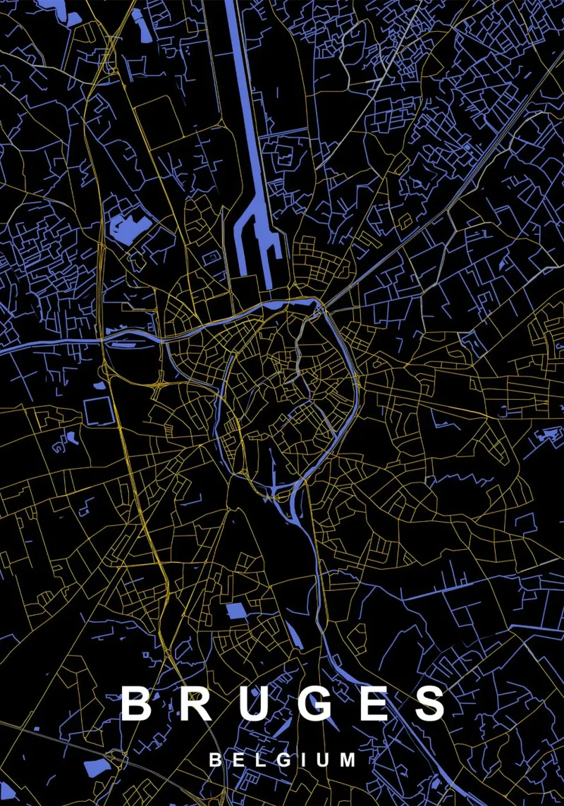 Bruges Belgio - Mappa della città in nero e oro alluminio dibond da Cartographers Library