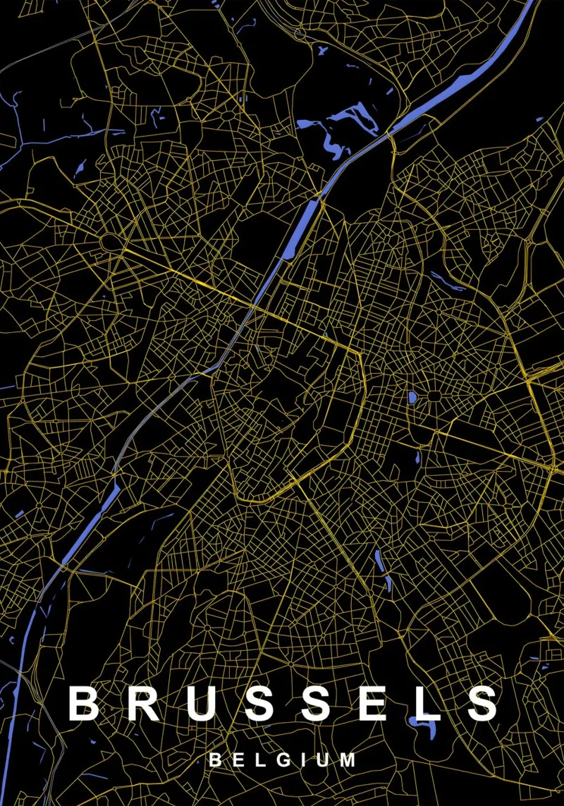 Mappa della città di Bruxelles Belgio nero e oro alluminio dibond da Cartographers Library
