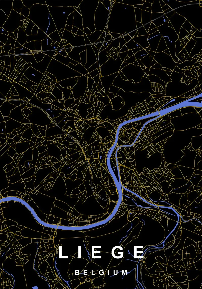 Liegi Belgio - Mappa della città in nero e oro alluminio dibond da Cartographers Library