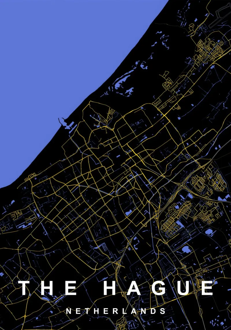 L'Aia - Mappa della città dei Paesi Bassi - Nero e oro poster con telaio in alluminio da Cartographers Library