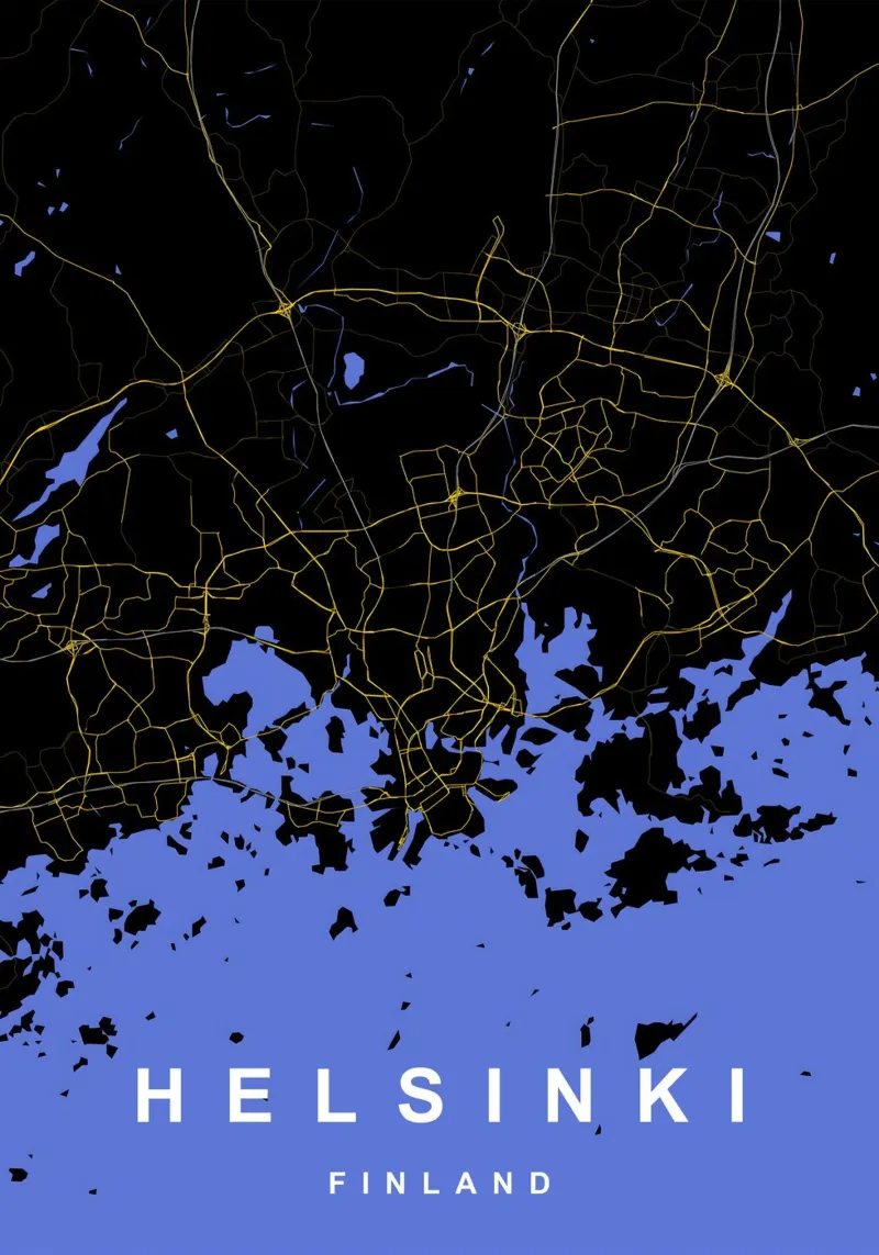 Helsinki Finlandia - Mappa della città in nero e oro pellicola backlit da Cartographers Library