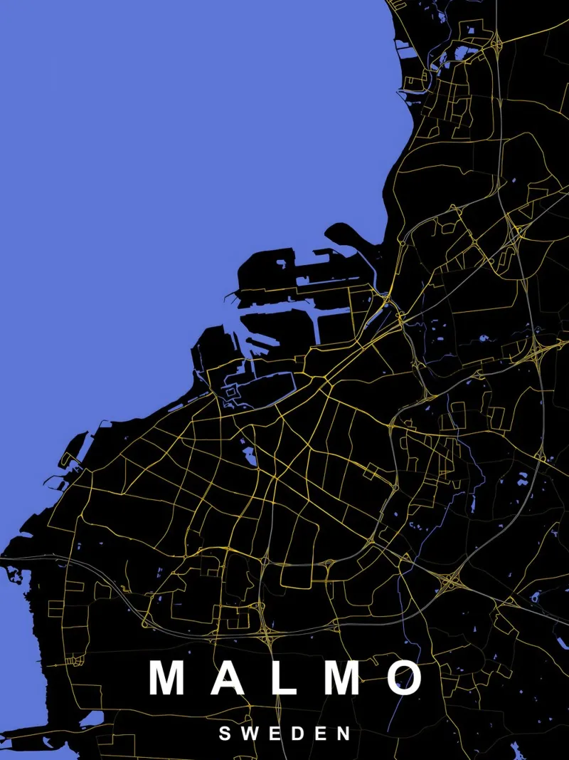 Malmo Svezia - Mappa della città in nero e oro carta hahnemühle da Cartographers Library
