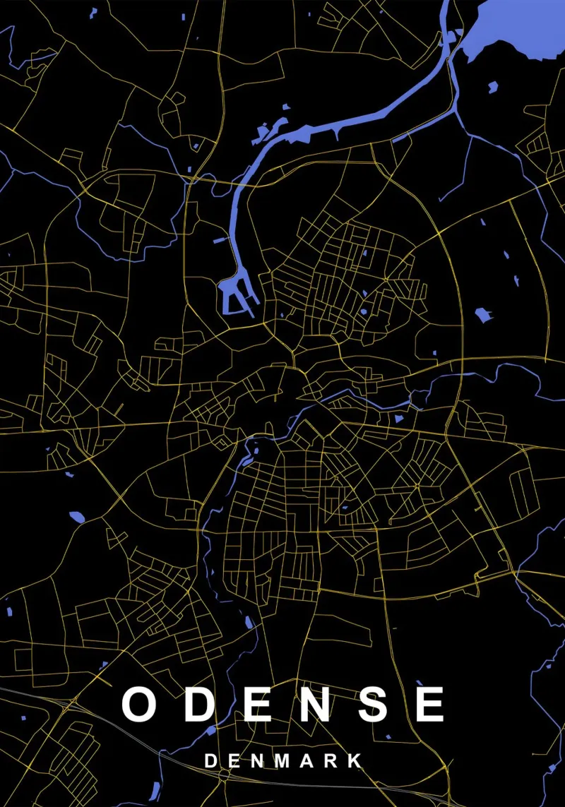 Odense Danimarca - Mappa della città in nero e oro pellicola backlit da Cartographers Library