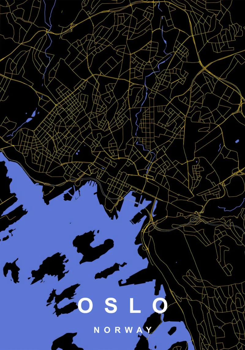 Mappa della città di Oslo Norvegia nero e oro poster da Cartographers Library