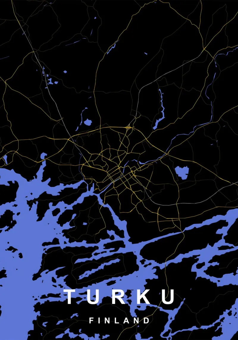 Turku Finlandia - Mappa della città in nero e oro poster con telaio in plastica da Cartographers Library