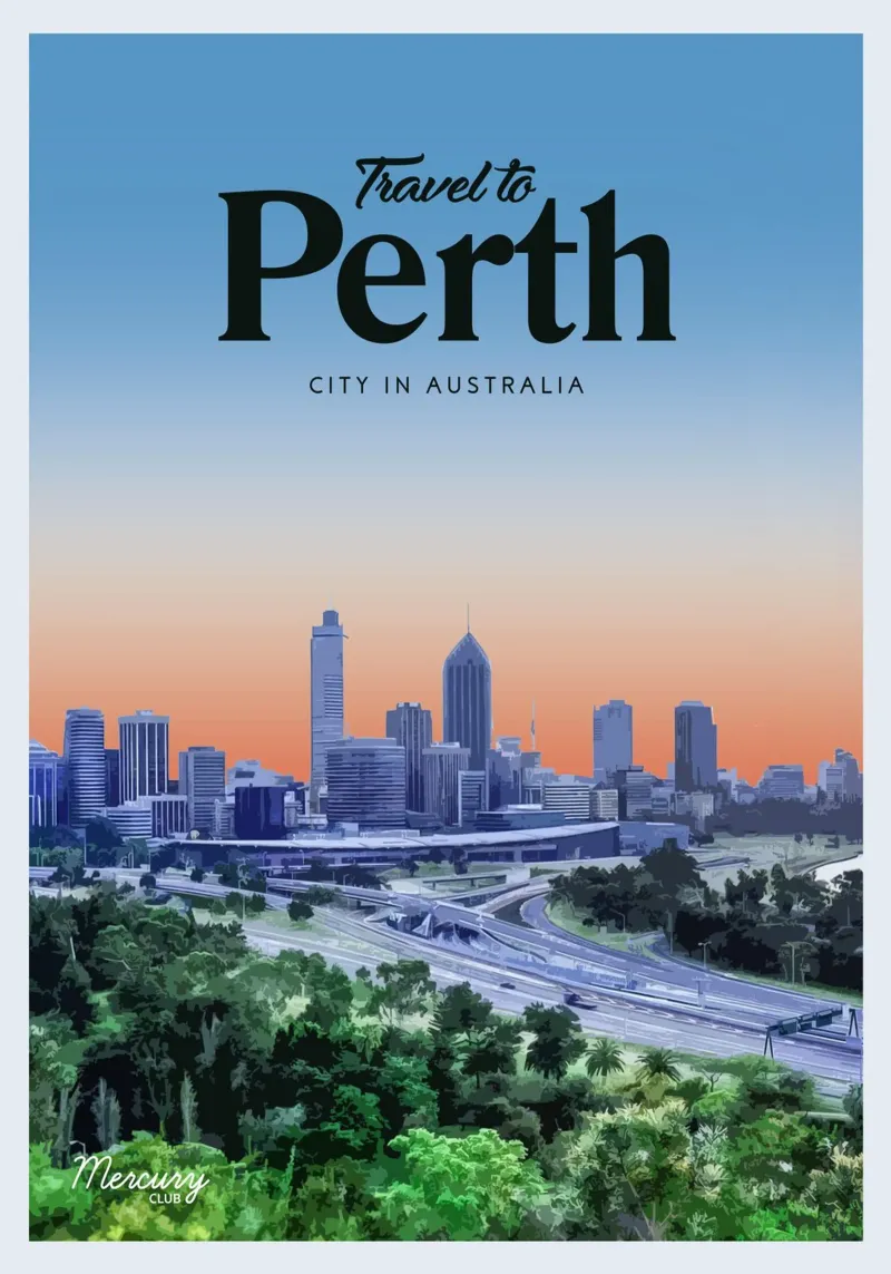 Viaggio a Perth poster con telaio in legno da Mercury Club