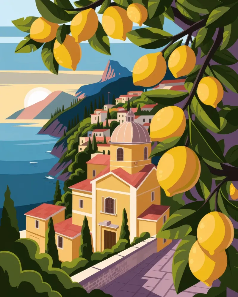 Beatitudine costiera profumata al limone poster con telaio in plastica da Atelier Tiga