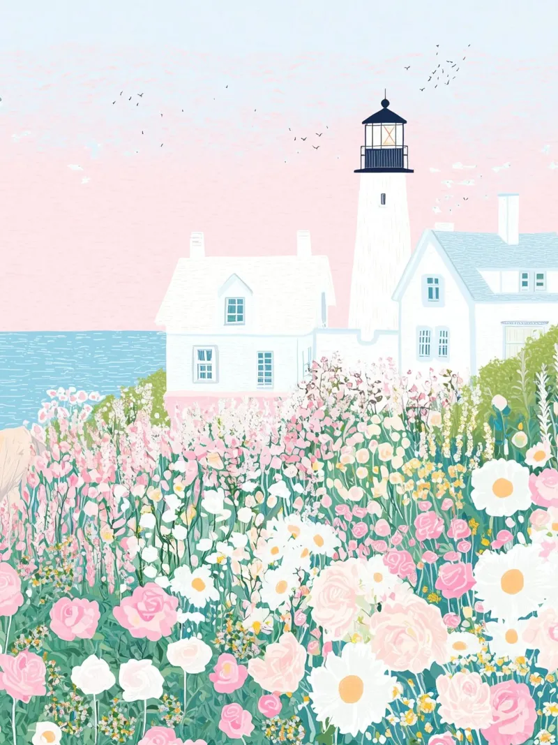 Faro con fiori, fiori selvatici, arte botanica a pastello poster con telaio in plastica da Gaia