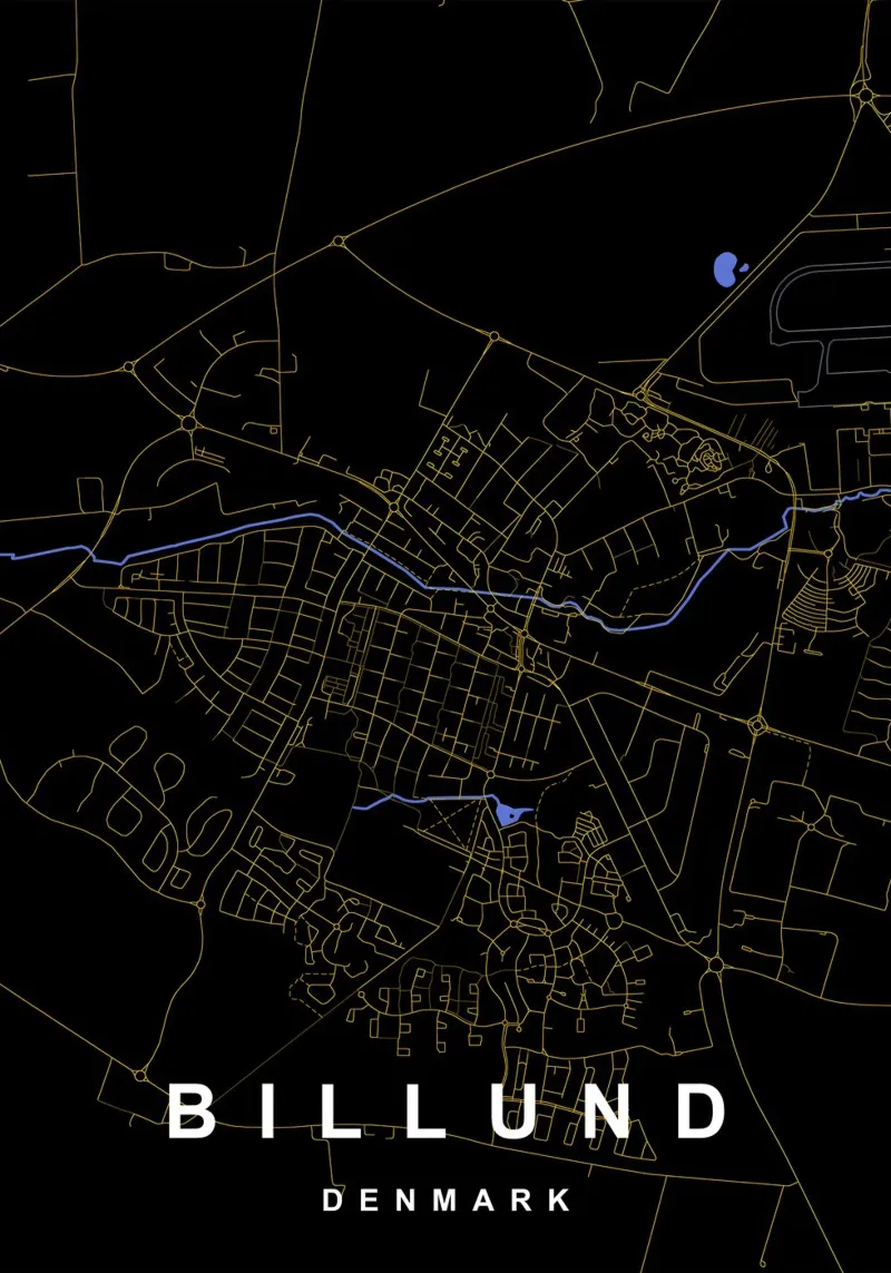 Billund Danimarca - Mappa della città in nero e oro pellicola backlit da Cartographers Library
