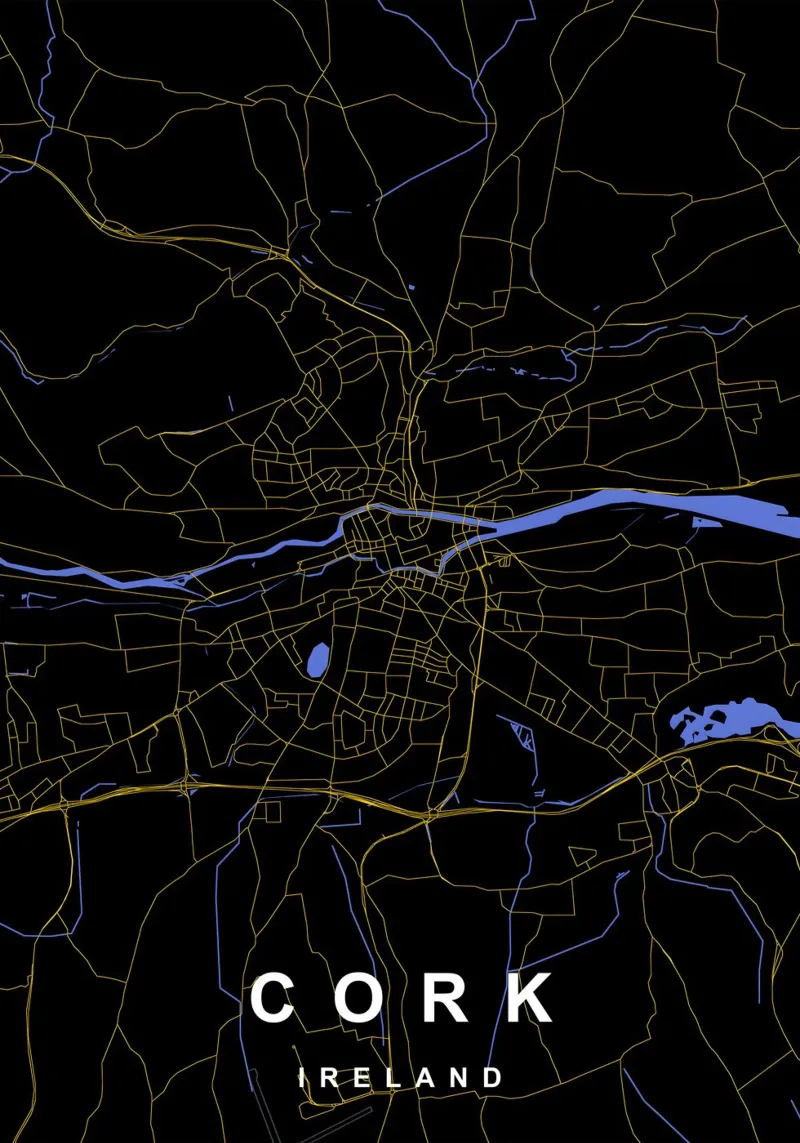 Mappa della città di Cork Irlanda nero e oro carta hahnemühle da Cartographers Library