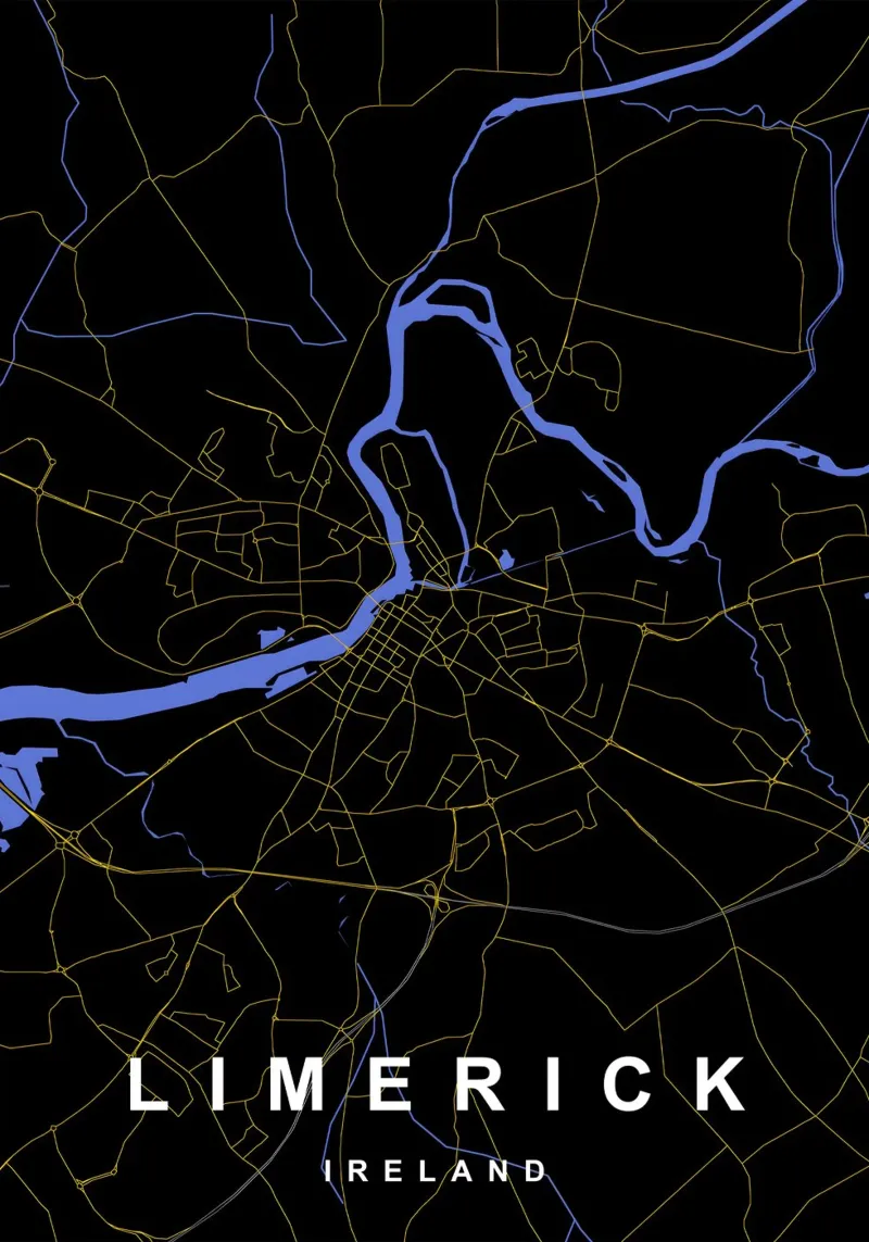 Limerick Irlanda - Mappa della città in nero e oro poster da Cartographers Library