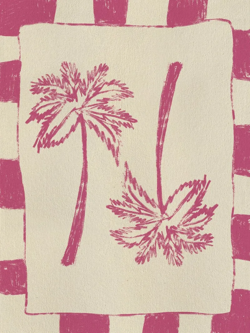 Paradiso delle palme - Rosa poster con telaio in alluminio da Shatha Al Dafai