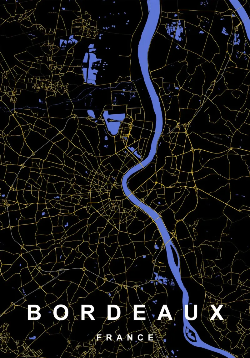 Bordeaux Francia - Mappa della città in nero e oro pellicola backlit da Cartographers Library