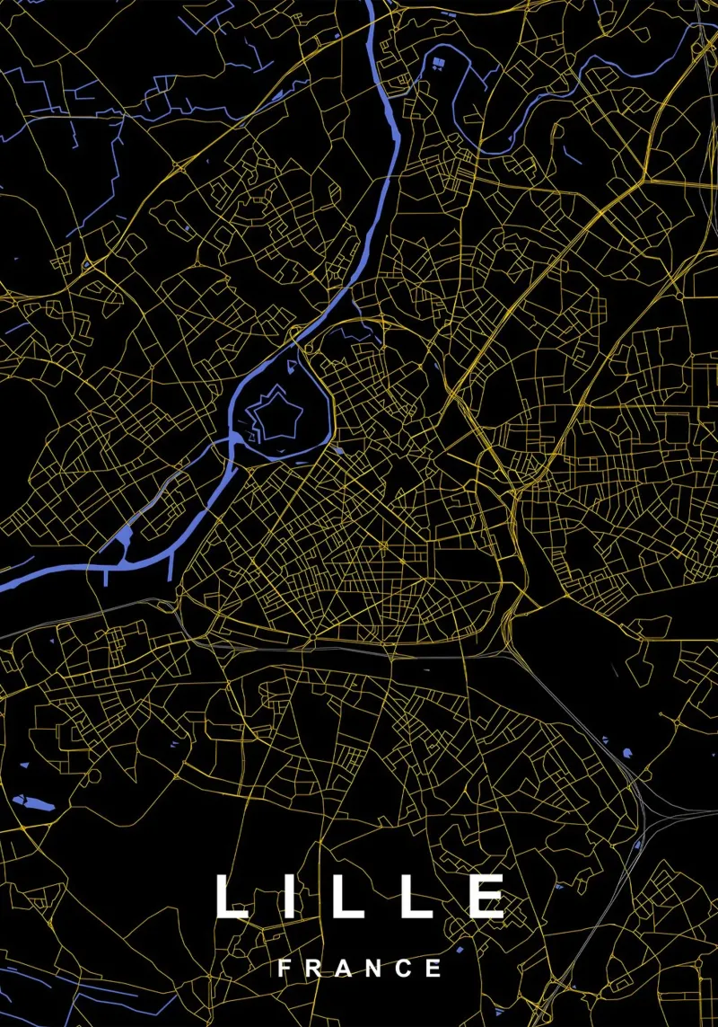 Lille Francia - Mappa della città in nero e oro poster da Cartographers Library