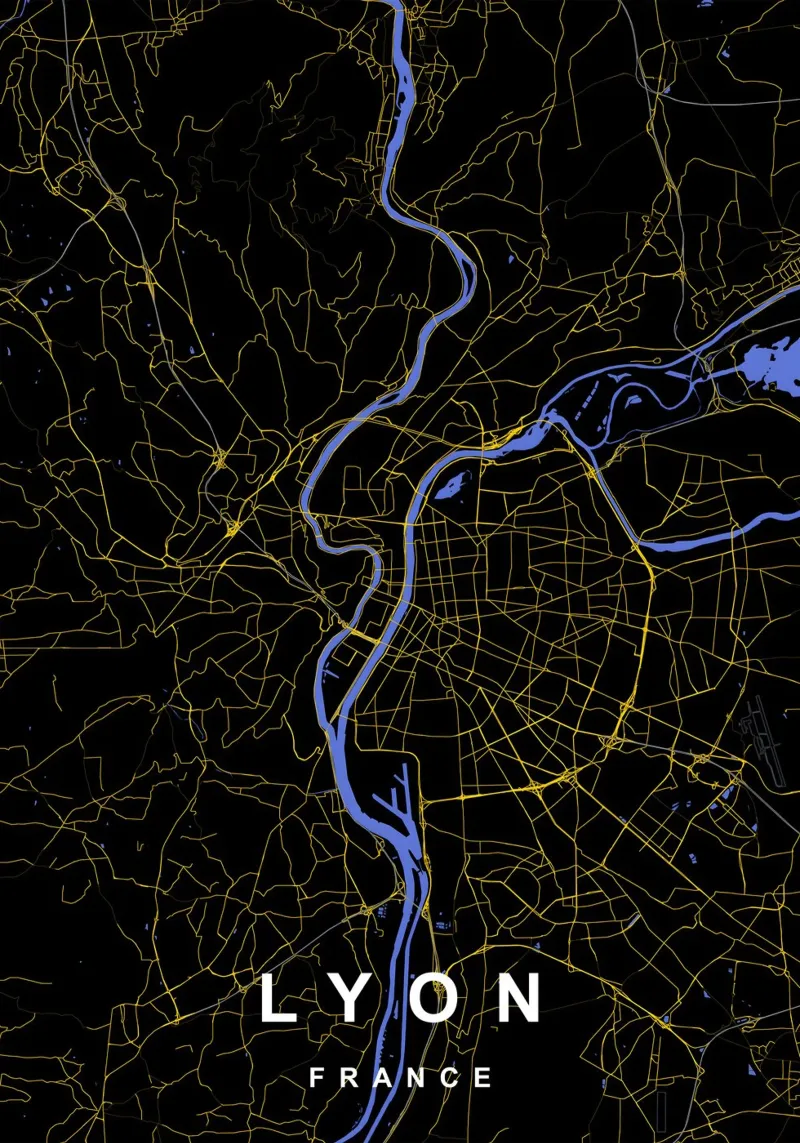 Carte de la ville de Lyon en noir et or plexiglas de Cartographers Library