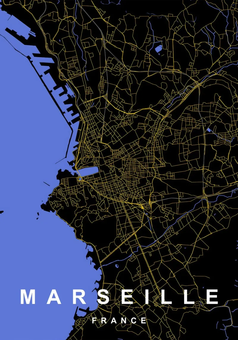 Marsiglia Francia - Mappa della città in nero e oro carta hahnemühle da Cartographers Library