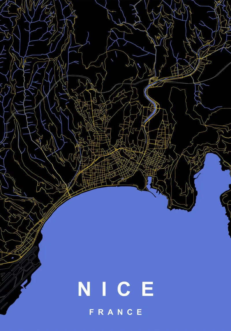 Nizza Francia - Mappa della città in nero e oro pellicola backlit da Cartographers Library