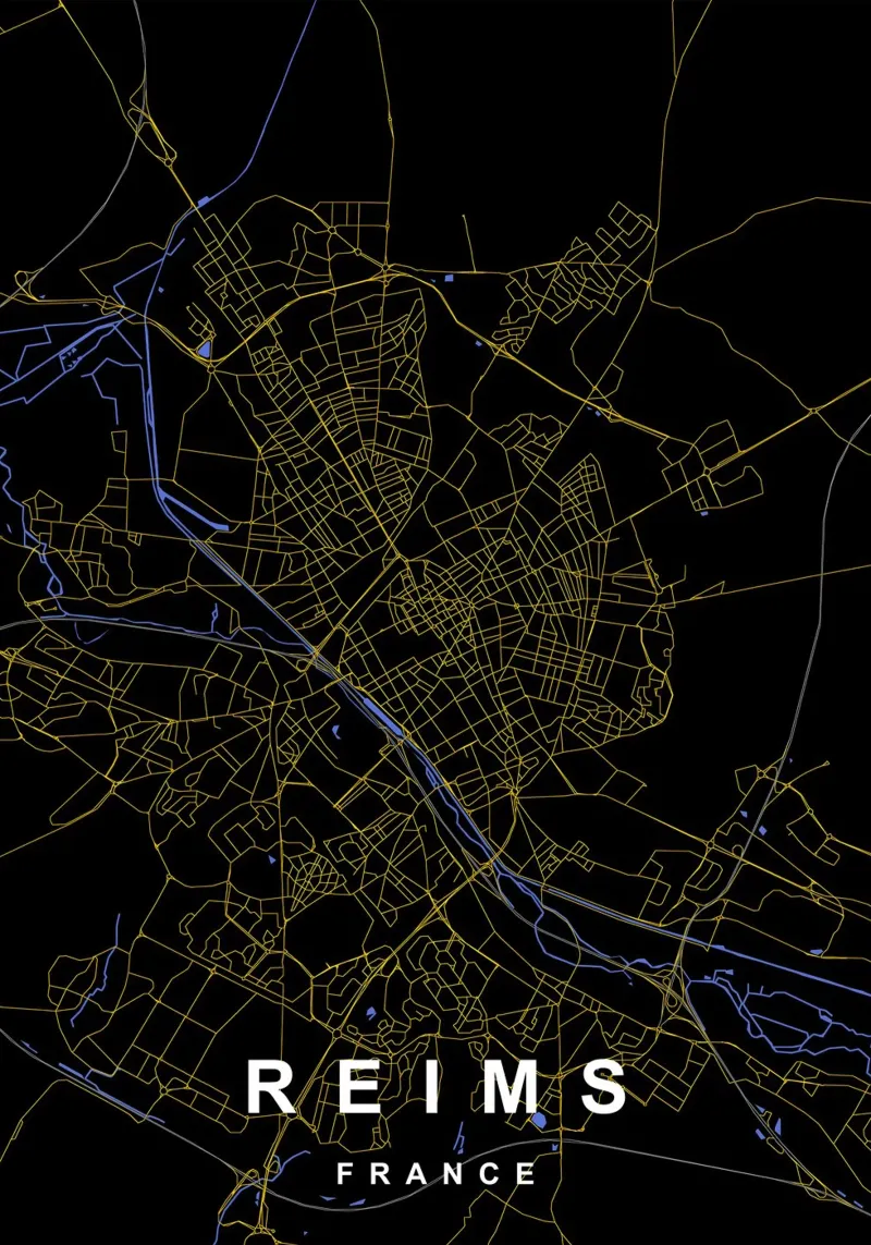 Reims Frankrijk Kaart Zwart-Goud canvas met Baklijst van Cartographers Library