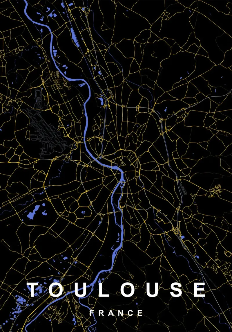 Tolosa Francia - Mappa della città in nero e oro poster con telaio in alluminio da Cartographers Library