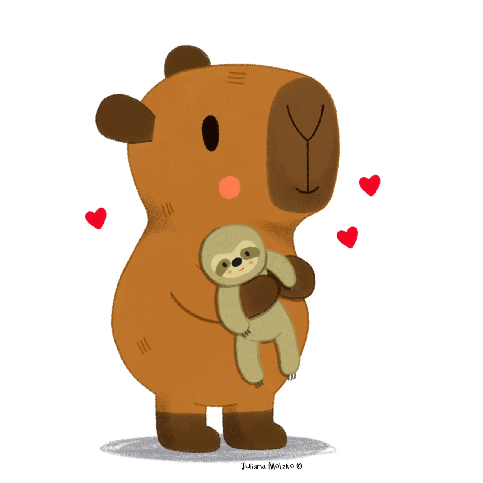 Capybara hugging a sloth plushie toy canvas by julianamotzko