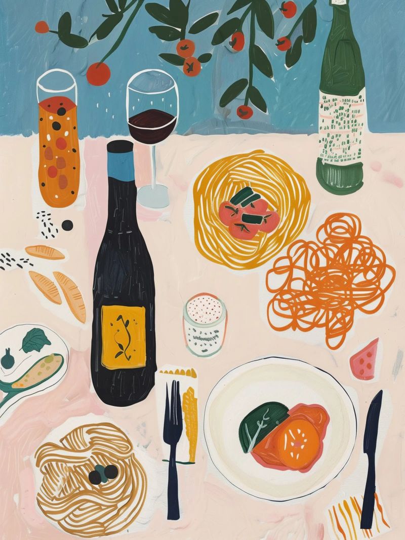 Italy Pasta and Wine Print, Italian illustration poster by DolceVita