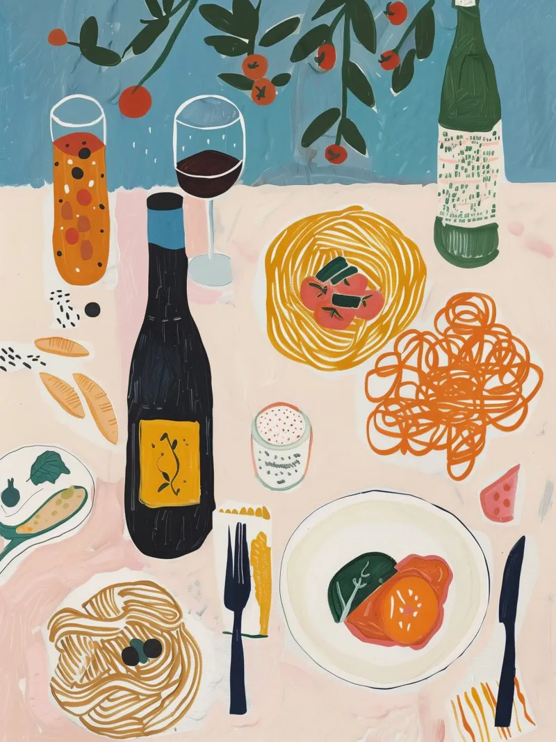 Italy Pasta and Wine Print, Italian illustration poster by DolceVita