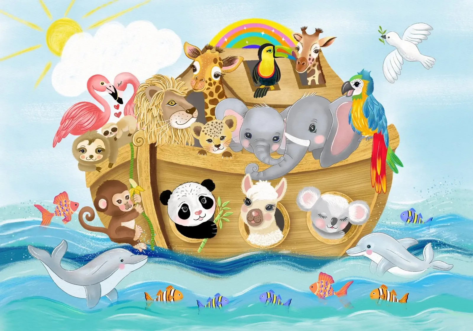 De ark van Noach. Schattige dieren op het schip. Motief voor kinderen. poster met kunststof frame van CalliLetters