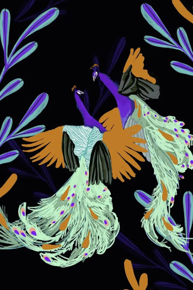 Peacock Dance poster con telaio in legno da Goed Blauw