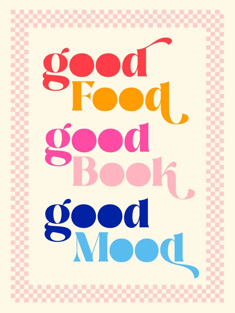 Buon cibo, buon cuoco, buon umore - Arte in cucina poster con telaio in alluminio da Dominique Vari Words