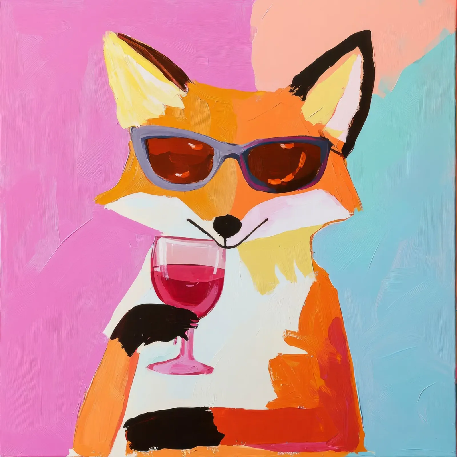 Funky Fox With Wine – Retro Cool Animal Art for Wall Decor canvas with Floater frame by Modern Muse