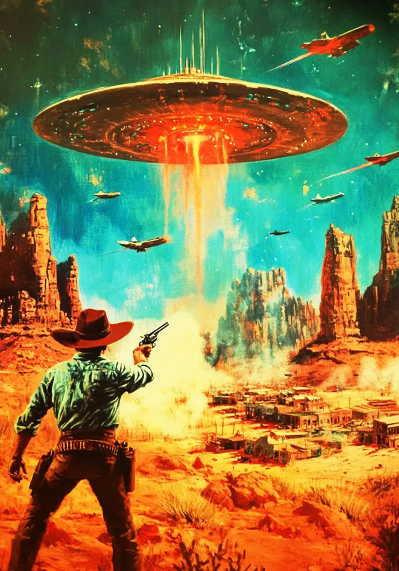 Un vaquero defiende un pueblo del desierto del ataque de un ovni poster con marco de aluminio de kembangross