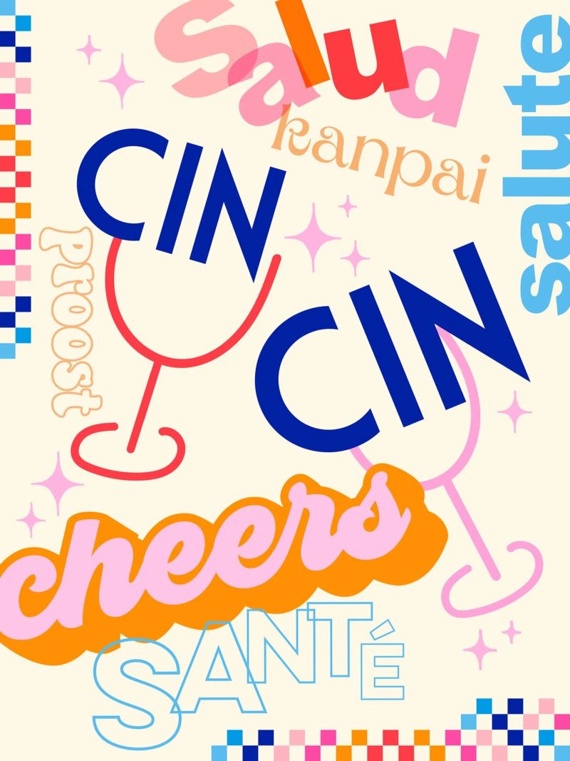 Cheers Around the World - Arte tipográfico retro con cheques hahnemühle de Dominique Vari Words