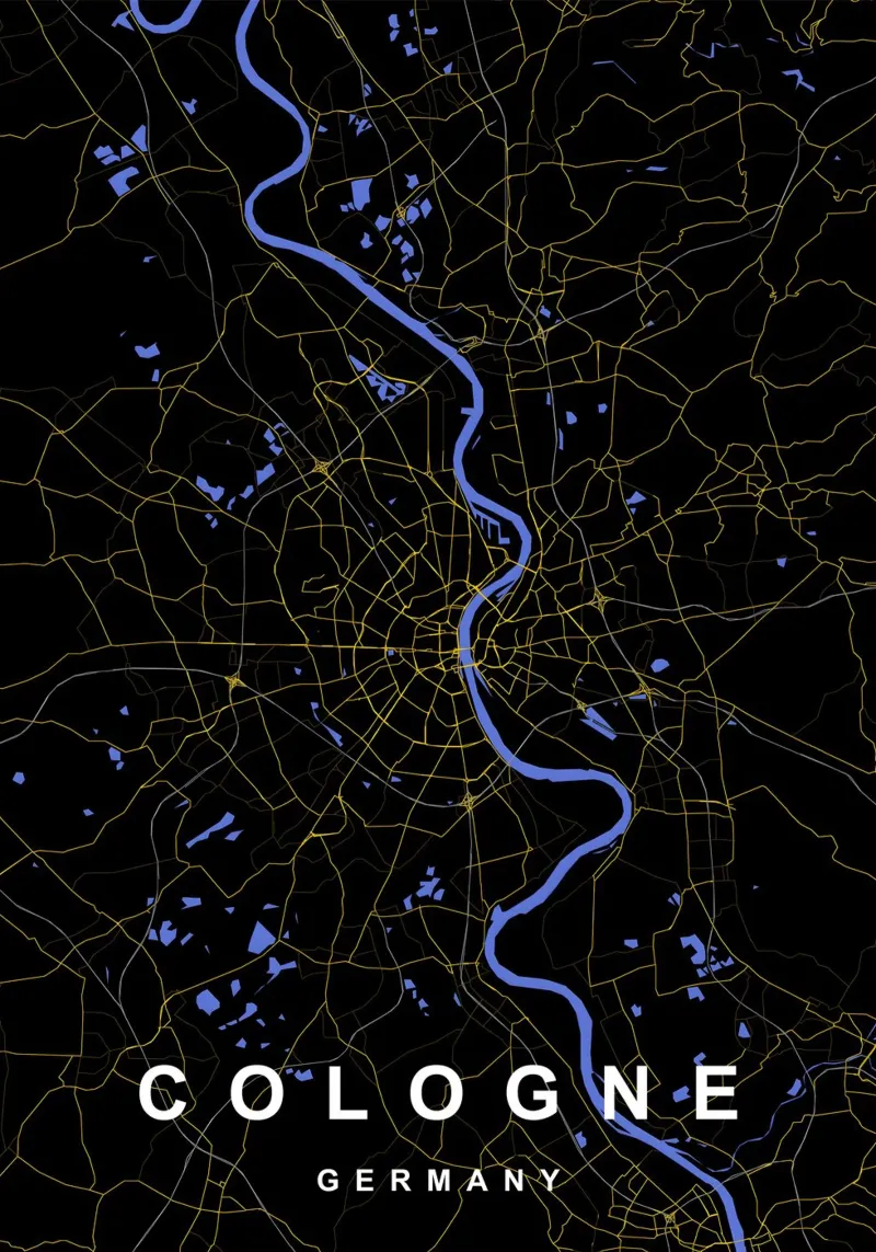Keulen Duitsland Stadsplattegrond Zwart-Goud canvas met Baklijst van Cartographers Library