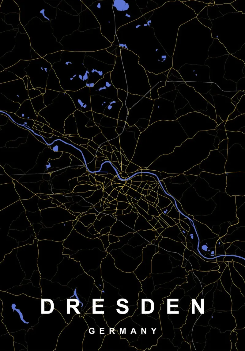 Mappa della città di Dresda Germania nero e oro poster con telaio in alluminio da Cartographers Library