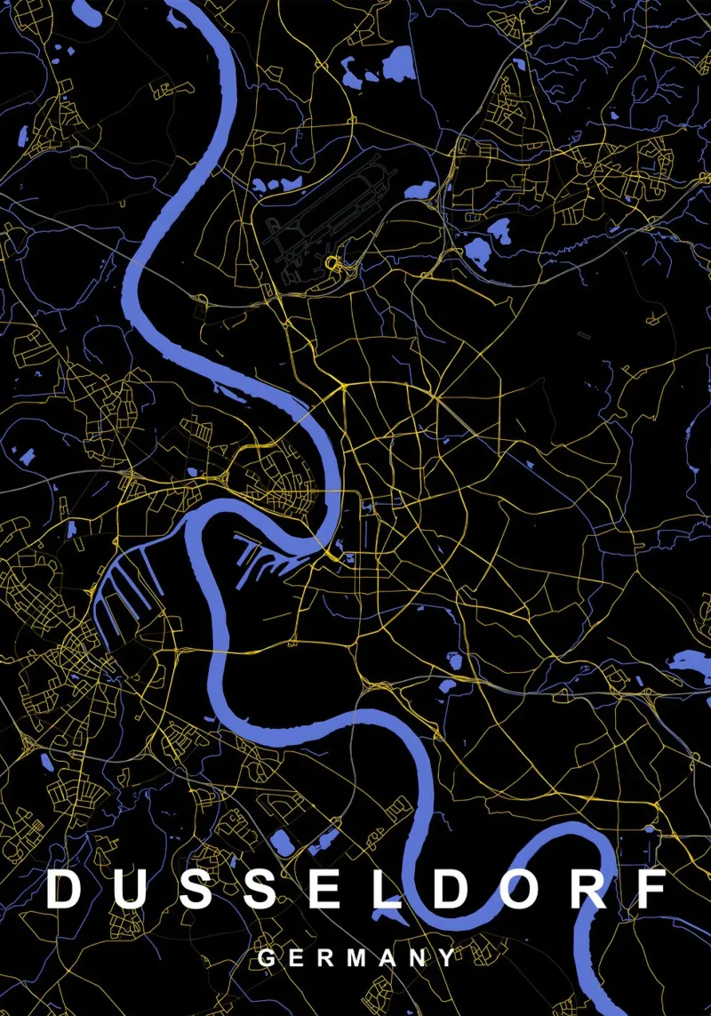 Mappa della città di Dusseldorf Germania in nero e oro poster da Cartographers Library