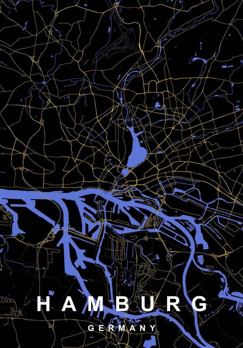 Amburgo Germania - Mappa della città in nero e oro pannello forex da Cartographers Library