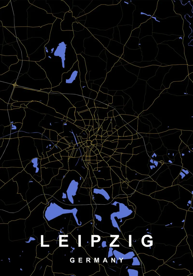 Leipzig Duitsland Stadsplattegrond Zwart-Goud canvas met Baklijst van Cartographers Library