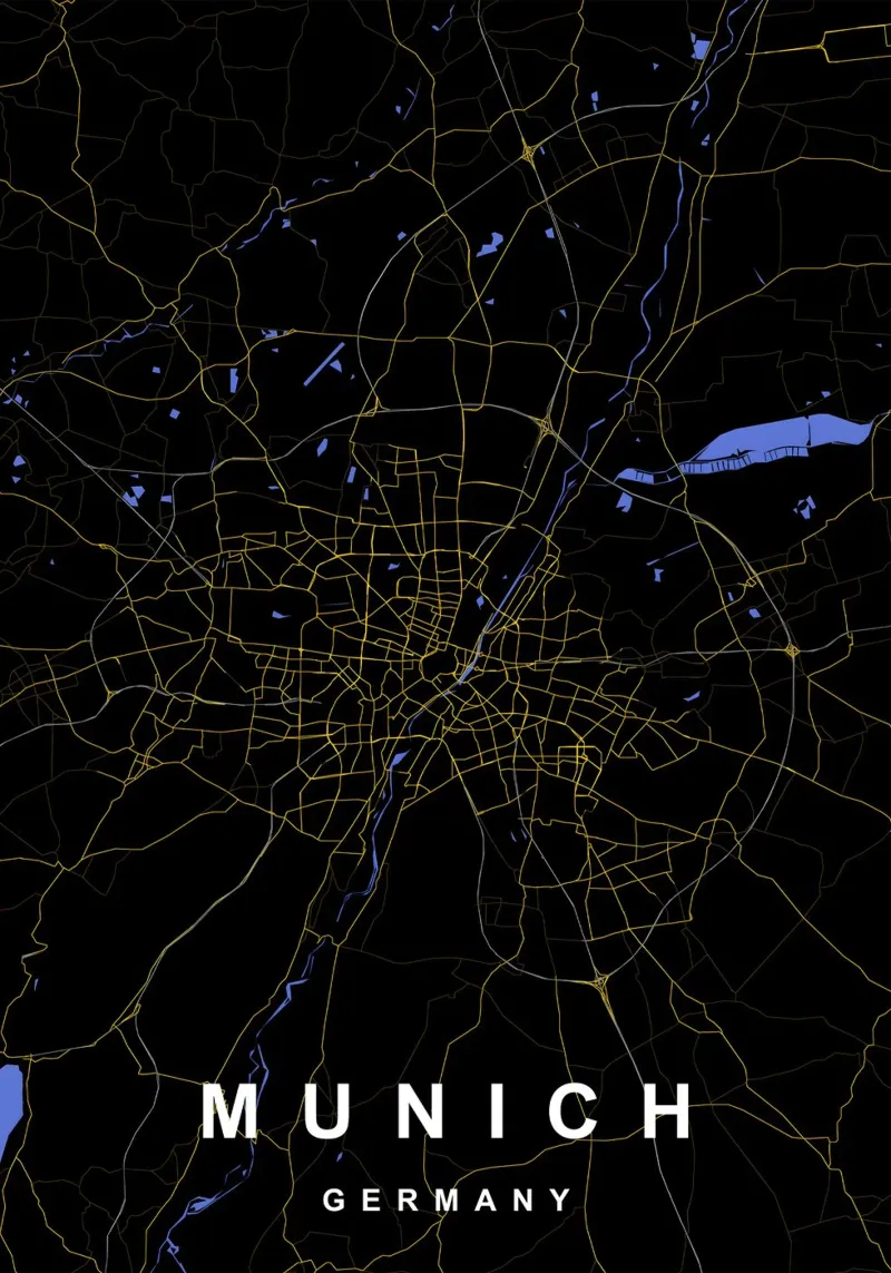 Monaco di Baviera Germania - Mappa della città in nero e oro pellicola backlit da Cartographers Library