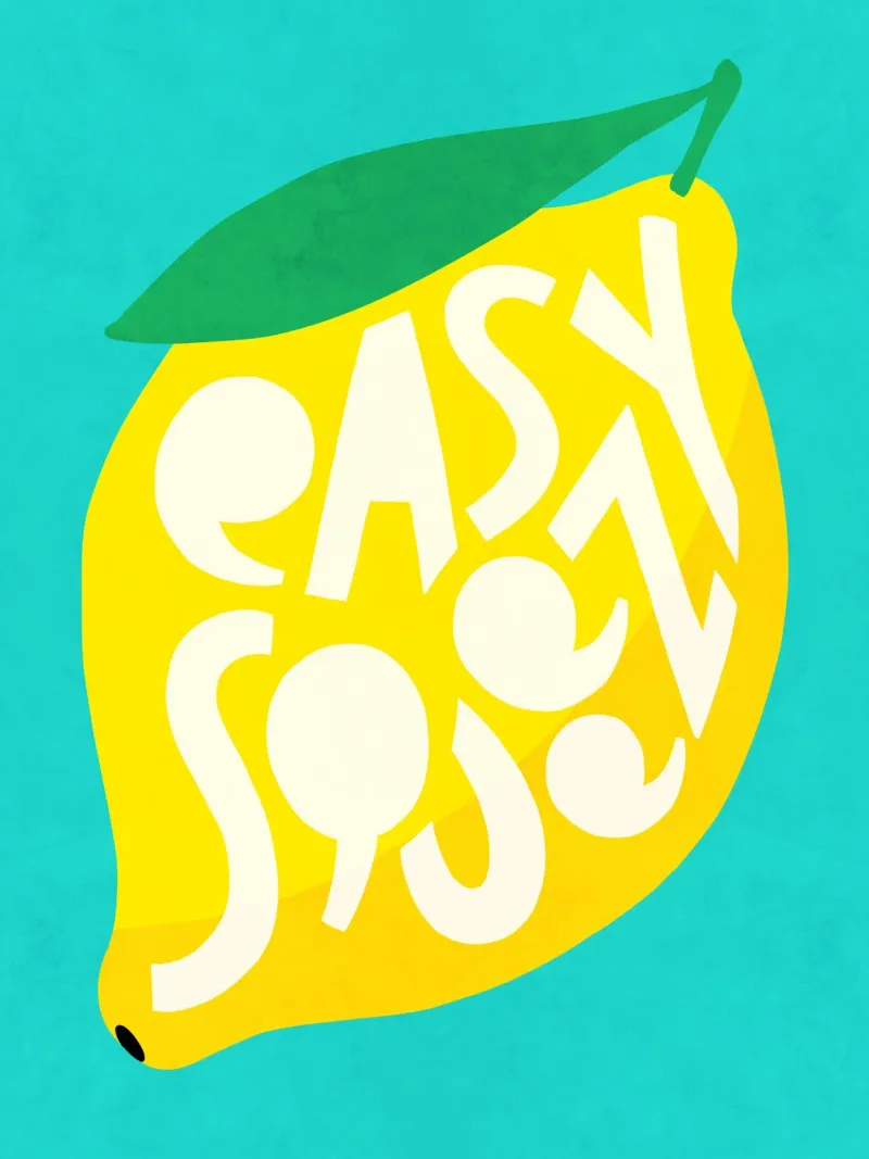 Easy Squeezy Lemon - grassetto tipografico frutta giallo blu alzavola pellicola backlit da Dominique Vari Words