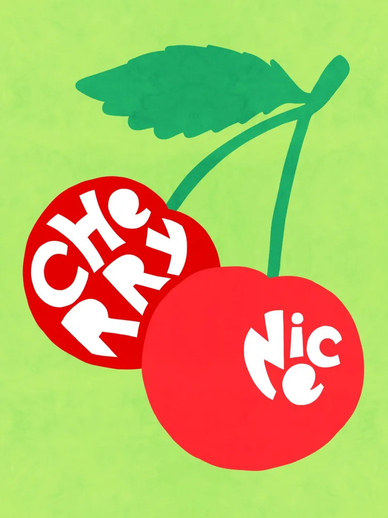Cherry Nice - Coppia di ciliegi tipografici in rosso e verde tela con Cornice a cassetta da Dominique Vari Words
